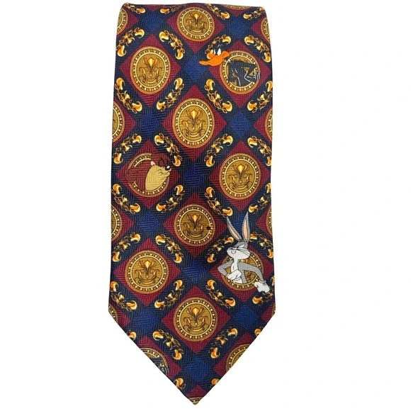 Looney Tunes Necktie Mens Navy Burgundy Vintage 1997 Excellent Medallion Print - Picture 2 of 12
